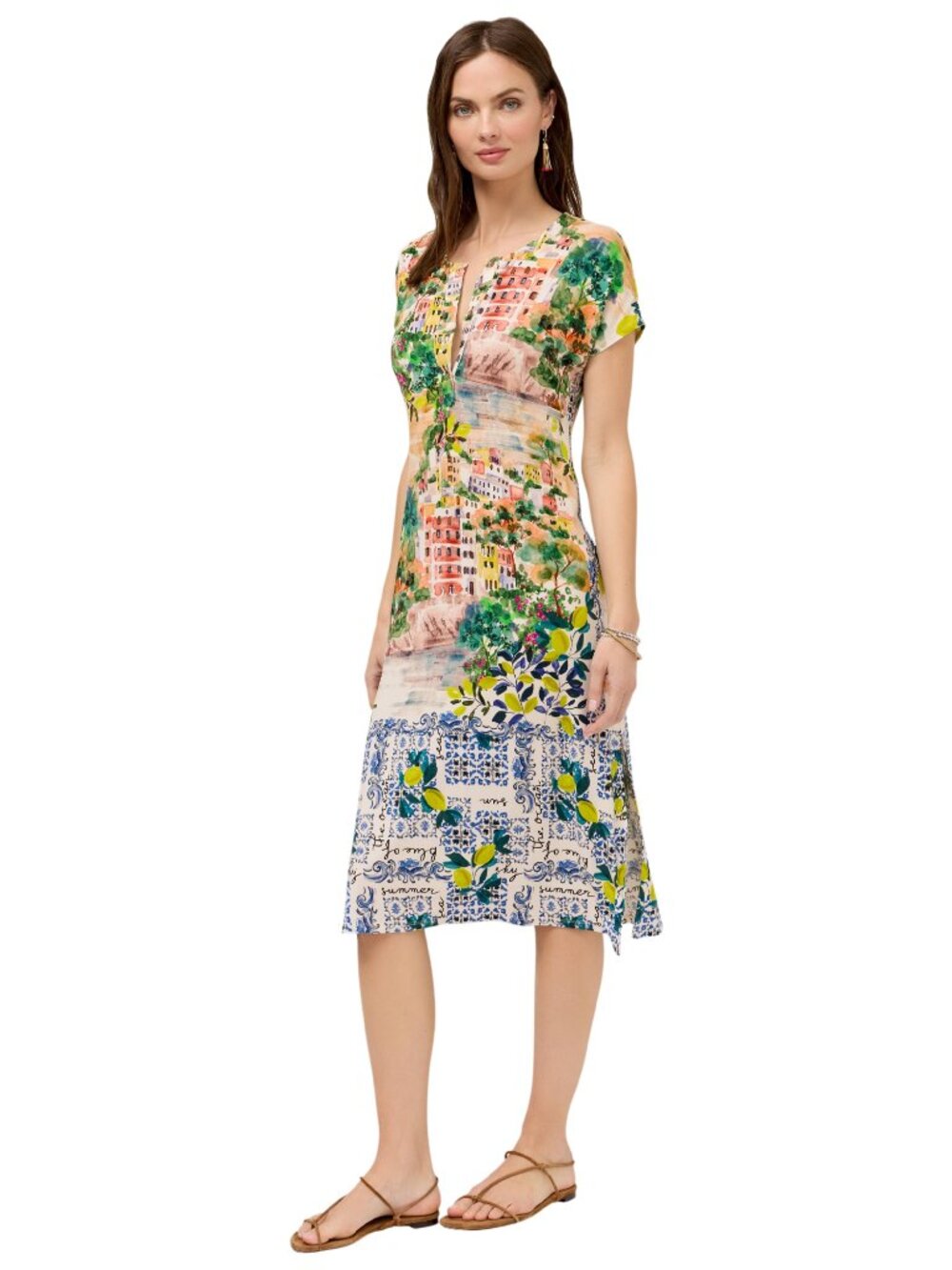 Johnny Was Janie Favorite Olympe Maxi Henley Dress Short Floral Beige Green NEW